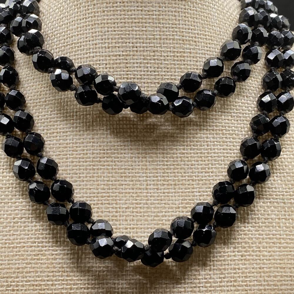 Vintage Black Crystal Faceted Hand Knotted Necklace Flapper Barrel Closure